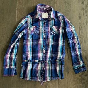 Justice girls purple plaid dress shirt sz 14 EUC